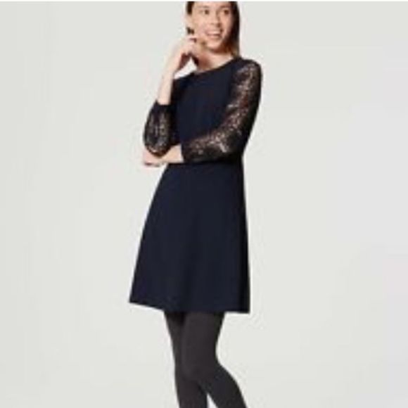 New with tags Ann Taylor Loft Navy Lace Sleeve Dress Sz 6 - Picture 2 of 9